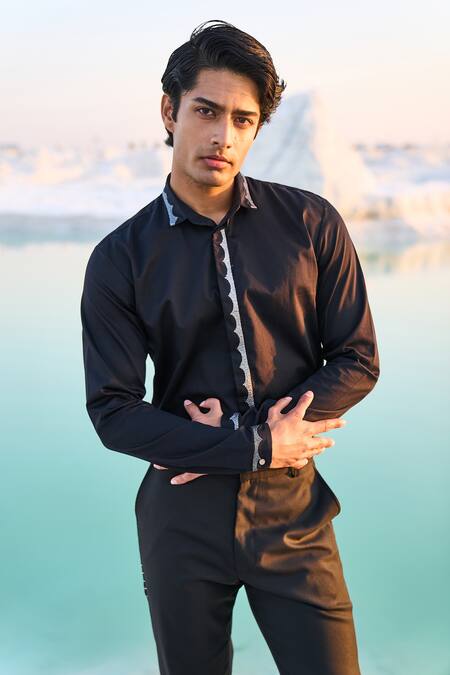 Dash And Dot_Black Cotton Embroidery Organic Scalloped Shirt _Online_at_Aza_Fashions