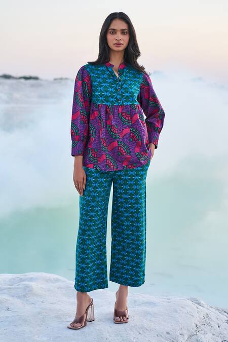 Dash And Dot_Multi Color Cotton, Tencel Embroidery Collared Toub Block Print Top And Pant Set _Online_at_Aza_Fashions
