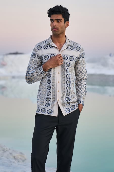 Dash And Dot_Multi Color 100% Tencel Moroccan Mosaic Tile Print Shirt_Online_at_Aza_Fashions