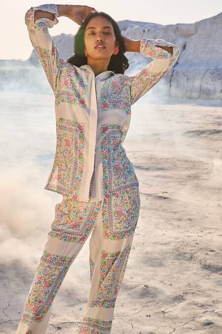 Dash And Dot Ivory Tencel Embroidery Collared Shawl Flower Vine Print Shirt And Pant Set Online at Aza Fashions Dash And Dot_Ivory Tencel Embroidery Collared Shawl Flower Vine Print Shirt And Pant Set _Online_at_Aza_Fashions