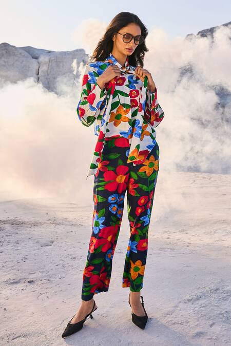 Dash And Dot_Multi Color 100% Tencel Flower Bow Tie-up Retro Floral Print Top With Pant_Online_at_Aza_Fashions