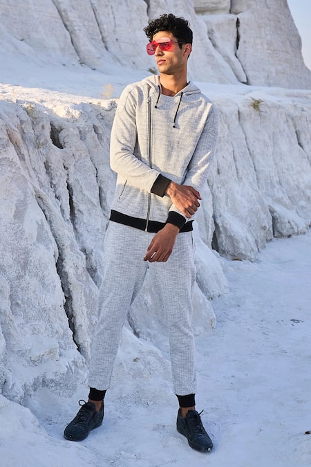 Dash And Dot_Grey Cotton, Polyester, Spandex Slant Zip Hoodie_Online_at_Aza_Fashions