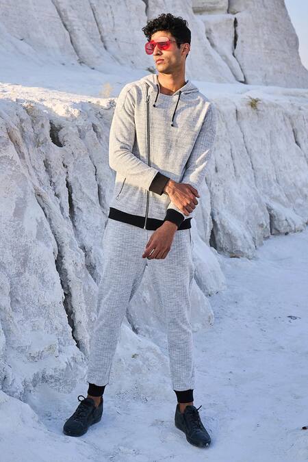 Dash And Dot_Grey Cotton, Polyester, Spandex Textured Jogger_Online_at_Aza_Fashions