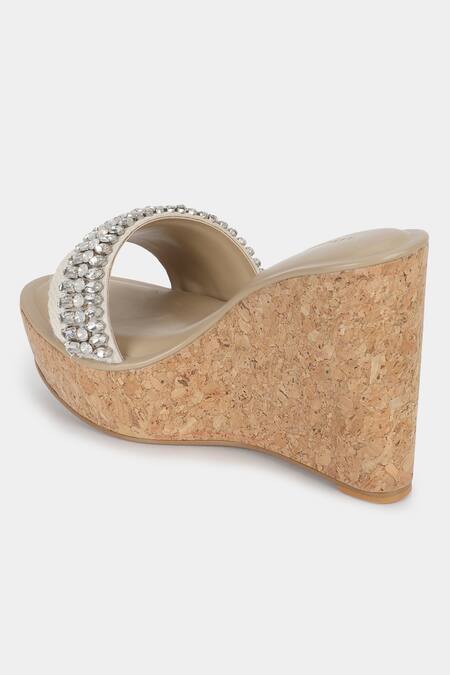 Aanchal Sayal_Ivory Embroidered Anni Stone Work Strap Wedges_Online_at_Aza_Fashions