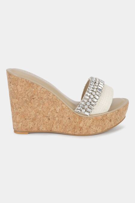 Buy_Aanchal Sayal_Ivory Embroidered Anni Stone Work Strap Wedges_Online_at_Aza_Fashions