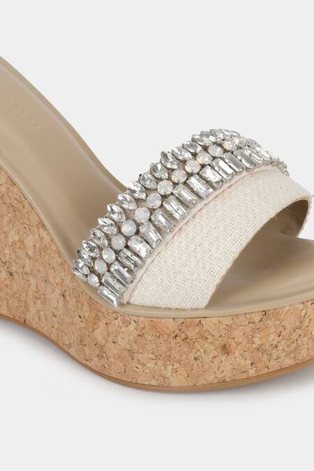 Shop_Aanchal Sayal_Ivory Embroidered Anni Stone Work Strap Wedges_Online_at_Aza_Fashions