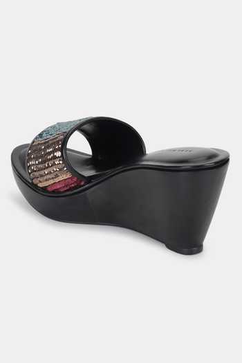 Aanchal Sayal_Black Embroidered Gryfin Sequin Wedges_Online_at_Aza_Fashions