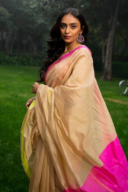 Mint N Oranges_Blue Chanderi Border Detail Handwoven Pure Saree_Online_at_Aza_Fashions