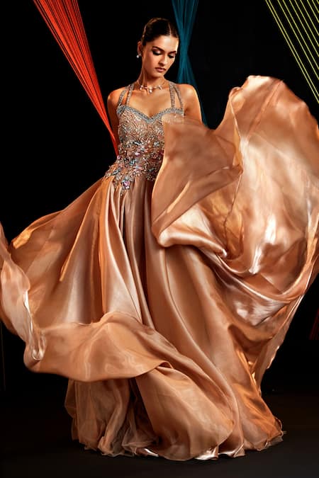 Roqa_Gold Organza Embroidery Sweetheart Neck Hand Gown _Online_at_Aza_Fashions