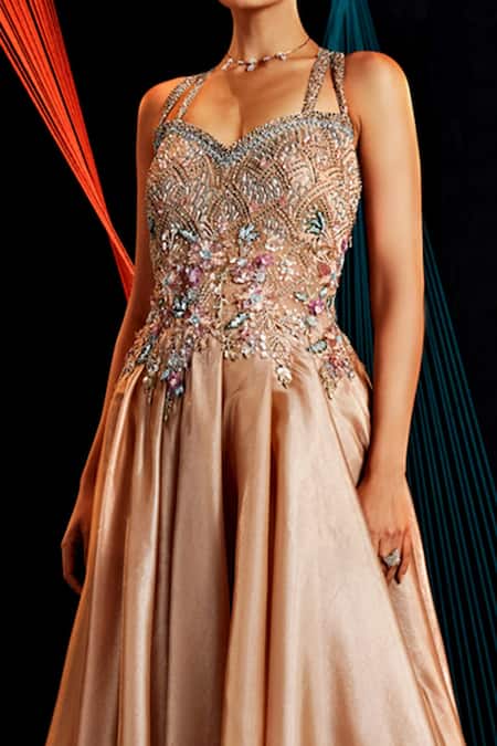 Buy_Roqa_Gold Organza Embroidery Sweetheart Neck Hand Gown _Online_at_Aza_Fashions