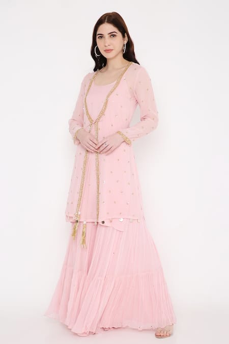 Buy Bha Sha Pink Georgette, Net Beads, Sequins Open Chandani Embroidered Jacket Sharara Set Online at Aza Fashions Buy_Bha Sha_Pink Georgette, Net Beads, Sequins Open Chandani Embroidered Jacket Sharara Set _Online_at_Aza_Fashions