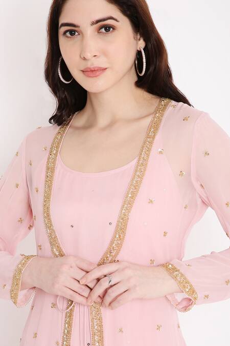 Shop Bha Sha Pink Georgette, Net Beads, Sequins Open Chandani Embroidered Jacket Sharara Set Online at Aza Fashions Shop_Bha Sha_Pink Georgette, Net Beads, Sequins Open Chandani Embroidered Jacket Sharara Set _Online_at_Aza_Fashions