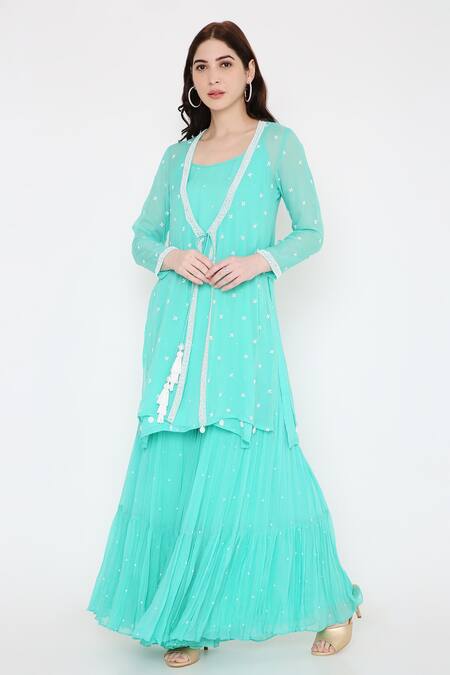 Buy Bha Sha Blue Georgette, Net Sequins, Chandani Full Sleeve Embroidered Jacket Sharara Set Online at Aza Fashions Buy_Bha Sha_Blue Georgette, Net Sequins, Chandani Full Sleeve Embroidered Jacket Sharara Set _Online_at_Aza_Fashions