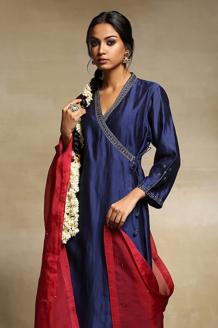 Weaver Story_Blue Dupatta Organza, Handwoven Pure Chanderi Sequins, Zari Angarkha Kurta Set _Online_at_Aza_Fashions