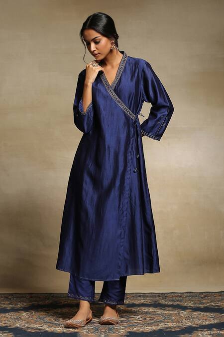 Buy_Weaver Story_Blue Dupatta Organza, Handwoven Pure Chanderi Sequins, Zari Angarkha Kurta Set _Online_at_Aza_Fashions