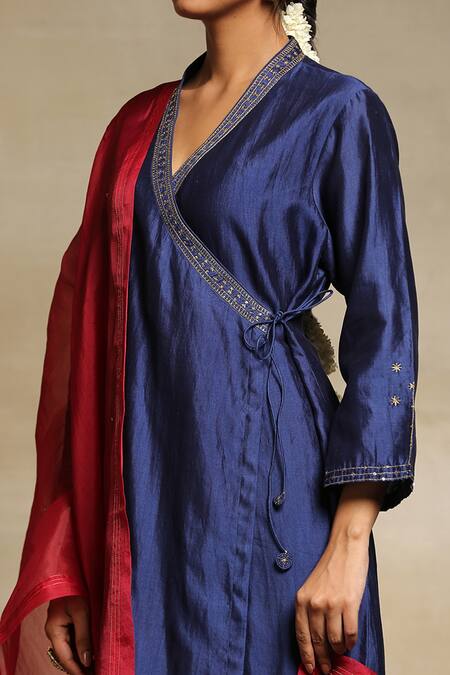 Shop_Weaver Story_Blue Dupatta Organza, Handwoven Pure Chanderi Sequins, Zari Angarkha Kurta Set _Online_at_Aza_Fashions