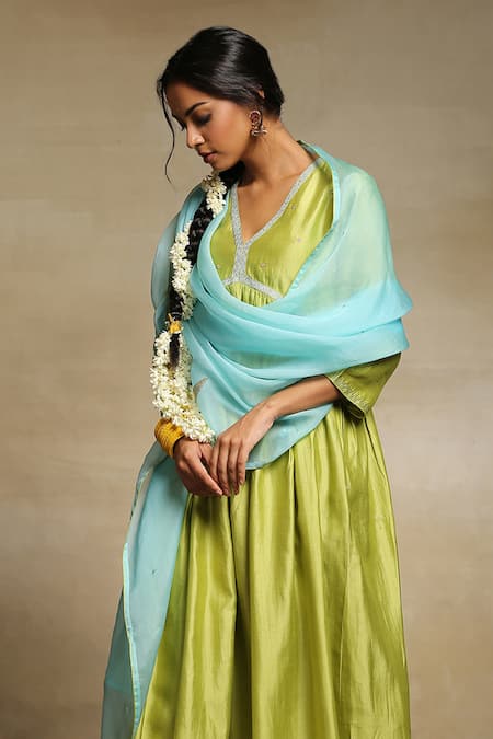 Weaver Story_Green Anarkali Lining Cotton, Dupatta Organza, Handwoven Yoke Embroidered Set _Online_at_Aza_Fashions