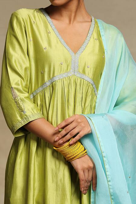 Shop_Weaver Story_Green Anarkali Lining Cotton, Dupatta Organza, Handwoven Yoke Embroidered Set _Online_at_Aza_Fashions