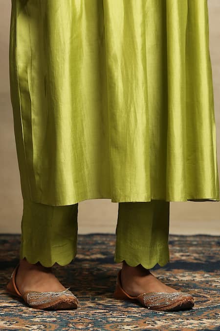 Weaver Story_Green Anarkali Lining Cotton, Dupatta Organza, Handwoven Yoke Embroidered Set _at_Aza_Fashions