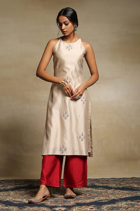 Buy_Weaver Story_Beige Dupatta Organza, Handwoven Pure Chanderi, Kurta Lining Cotton Set _Online_at_Aza_Fashions