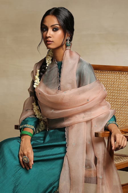 Weaver Story_Green Dupatta Organza, Handwoven Pure Chanderi, Kurta Lining A Line Set _Online_at_Aza_Fashions