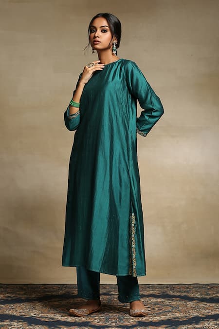 Buy_Weaver Story_Green Dupatta Organza, Handwoven Pure Chanderi, Kurta Lining A Line Set _Online_at_Aza_Fashions