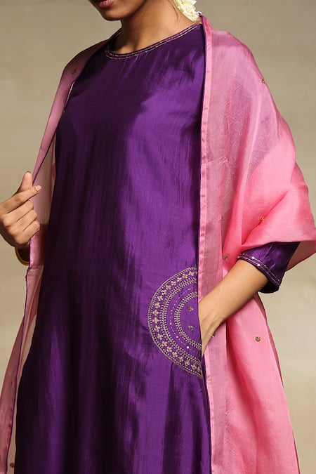 Buy_Weaver Story_Purple Dupatta Organza, Handwoven Pure Chanderi, Kurta Embroidered Pockets Set _Online_at_Aza_Fashions