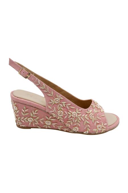 Veruschka By Payal Kothari_Pink Zari Chikara Zardozi Embroidered Wedges_Online_at_Aza_Fashions