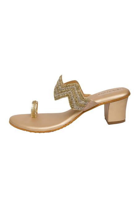 Kkarma Accessories_Gold Embroidery Chiria Toe Ring Block Heels _Online_at_Aza_Fashions