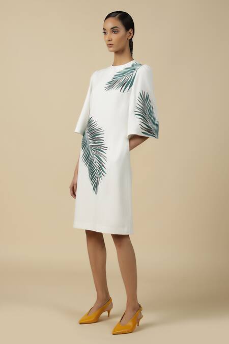 Shahin Mannan_White Satin, Crepe Embroidery Round Neck Big Leaf Dress _Online_at_Aza_Fashions