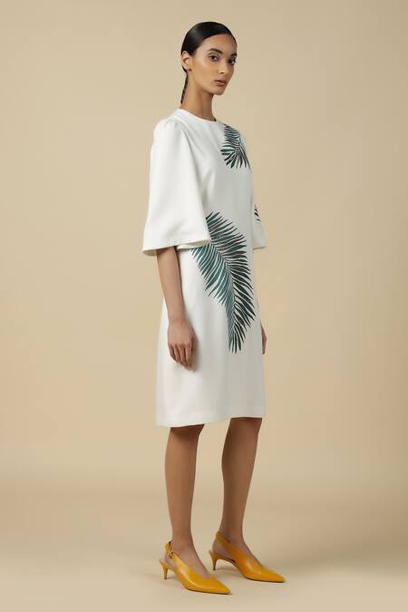 Buy_Shahin Mannan_White Satin, Crepe Embroidery Round Neck Big Leaf Dress _Online_at_Aza_Fashions