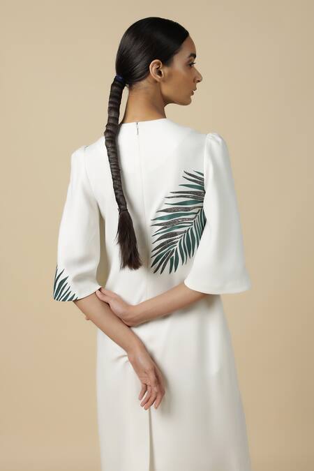 Shop_Shahin Mannan_White Satin, Crepe Embroidery Round Neck Big Leaf Dress _Online_at_Aza_Fashions