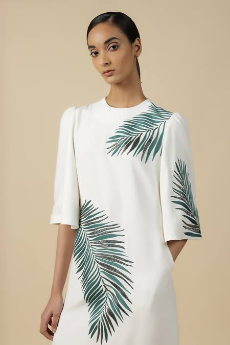 Shahin Mannan_White Satin, Crepe Embroidery Round Neck Big Leaf Dress _at_Aza_Fashions