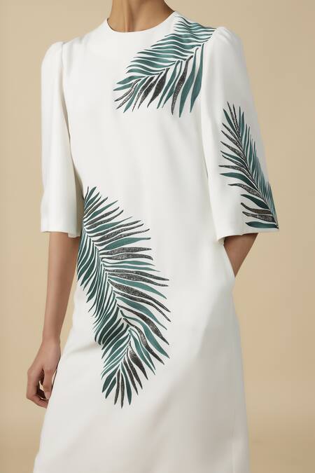 Buy_Shahin Mannan_White Satin, Crepe Embroidery Round Neck Big Leaf Dress 