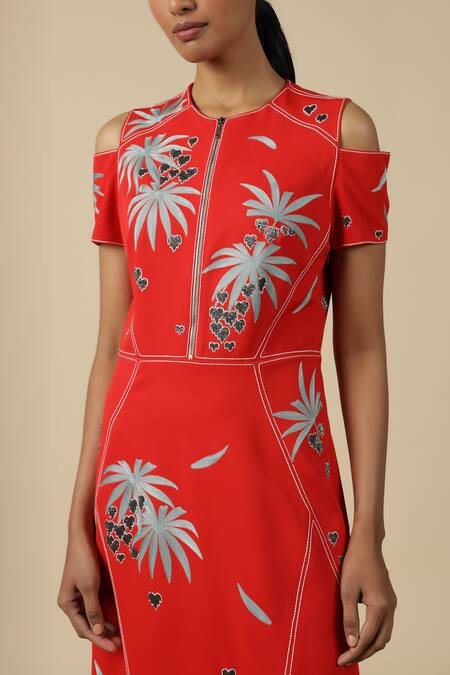 Shahin Mannan_Red Crepe Embroidery Round Neck Leaf And Fruit Cold Shoulder Dress _Online_at_Aza_Fashions