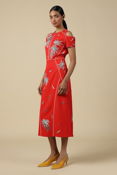 Buy_Shahin Mannan_Red Crepe Embroidery Round Neck Leaf And Fruit Cold Shoulder Dress _Online_at_Aza_Fashions