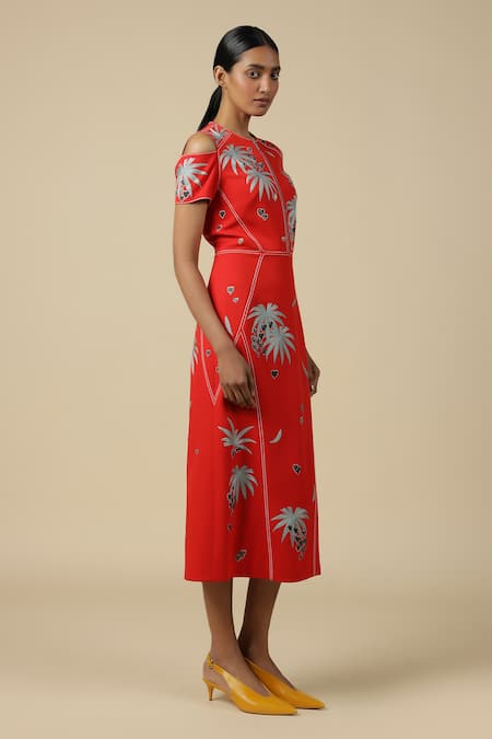 Shop_Shahin Mannan_Red Crepe Embroidery Round Neck Leaf And Fruit Cold Shoulder Dress _Online_at_Aza_Fashions