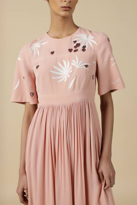 Shahin Mannan_Peach Viscose, Crepe Embroidery Round Neck Leaf And Fruit Gathered Dress _Online_at_Aza_Fashions