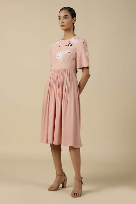 Buy_Shahin Mannan_Peach Viscose, Crepe Embroidery Round Neck Leaf And Fruit Gathered Dress _Online_at_Aza_Fashions