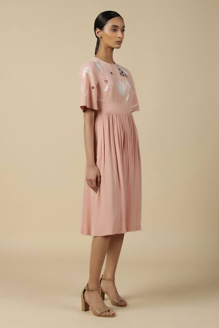 Shop_Shahin Mannan_Peach Viscose, Crepe Embroidery Round Neck Leaf And Fruit Gathered Dress _Online_at_Aza_Fashions