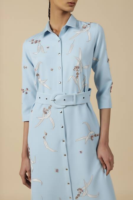 Shahin Mannan_Blue Crepe Embroidery Collared Eucalyptus Shirt Dress With Buckle Belt _Online_at_Aza_Fashions