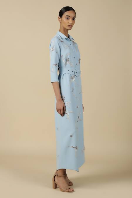 Shop_Shahin Mannan_Blue Crepe Embroidery Collared Eucalyptus Shirt Dress With Buckle Belt _Online_at_Aza_Fashions
