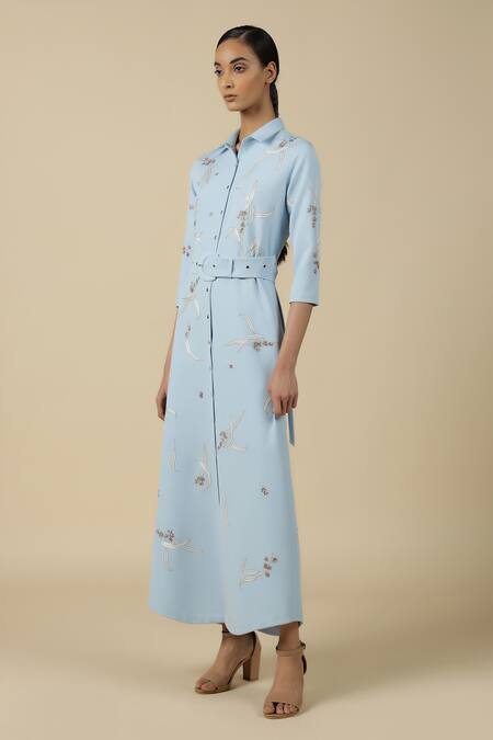 Shahin Mannan_Blue Crepe Embroidery Collared Eucalyptus Shirt Dress With Buckle Belt _at_Aza_Fashions