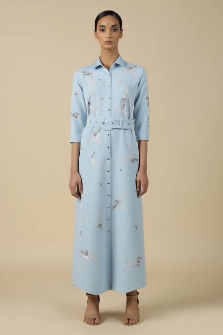 Buy_Shahin Mannan_Blue Crepe Embroidery Collared Eucalyptus Shirt Dress With Buckle Belt 