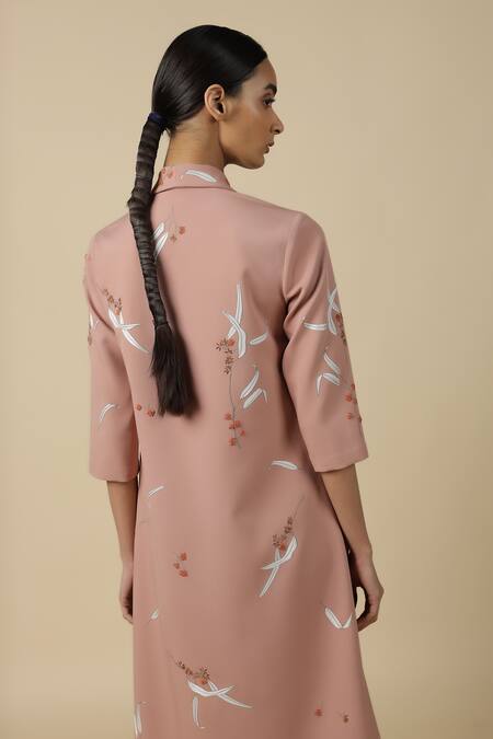 Shahin Mannan_Pink Crepe Embroidery Shawl Neck Eucalyptus Collar Dress _Online_at_Aza_Fashions