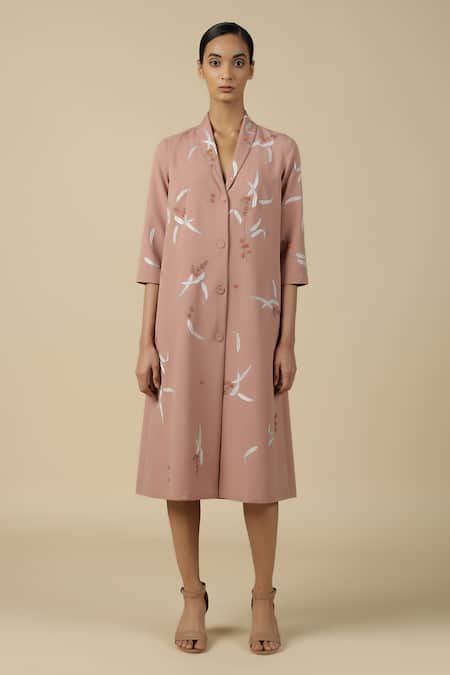 Shop_Shahin Mannan_Pink Crepe Embroidery Shawl Neck Eucalyptus Collar Dress _Online_at_Aza_Fashions