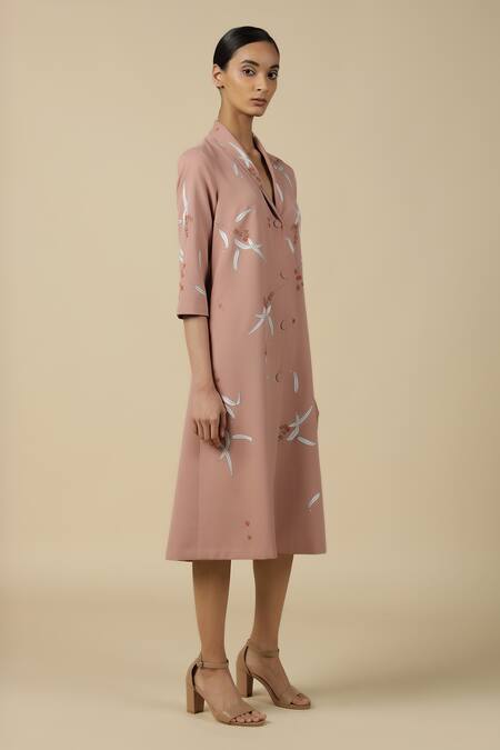 Shahin Mannan_Pink Crepe Embroidery Shawl Neck Eucalyptus Collar Dress _at_Aza_Fashions