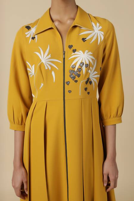 Shahin Mannan_Yellow Crepe Embroidery Collared Fruit And Leaf Dress _Online_at_Aza_Fashions