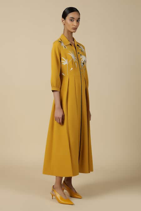 Shop_Shahin Mannan_Yellow Crepe Embroidery Collared Fruit And Leaf Dress _Online_at_Aza_Fashions