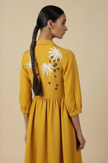 Buy_Shahin Mannan_Yellow Crepe Embroidery Collared Fruit And Leaf Dress 